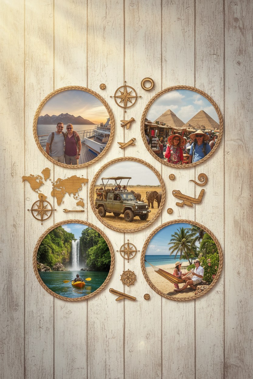 Birlikte yapılan seyahatlerden oluşan yolculuk temalı kolaj poster